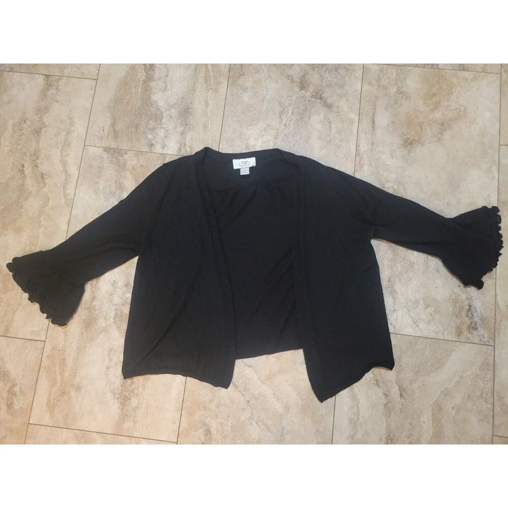 Ann Taylor Fancy Black Open Front Layering Lightweight Knit Sweater Large